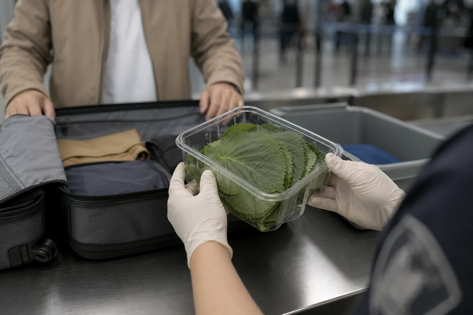 Customs inspection of fresh perilla leaves in luggage, emphasizing declaration rules for travelers entering the United States.
