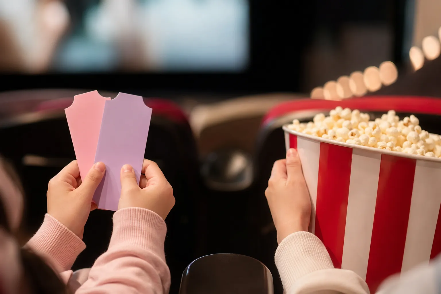 Children holding movie tickets and popcorn in a cinema before a family animated film screening.