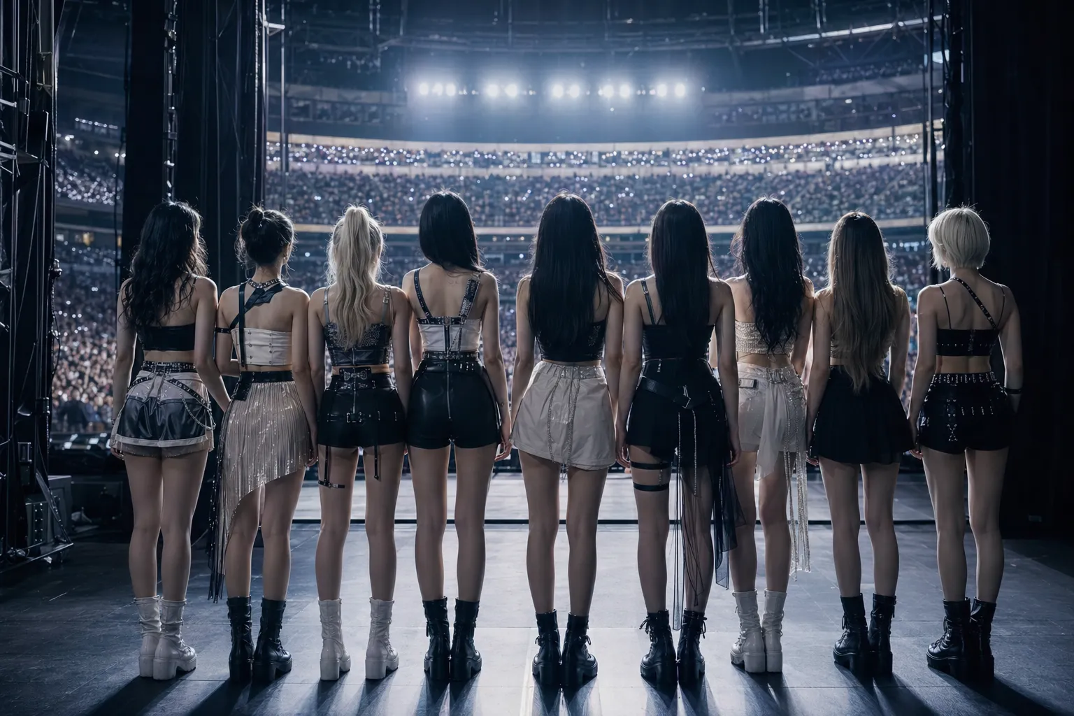 Nine K-pop performers viewed from behind before entering a brightly lit stadium stage