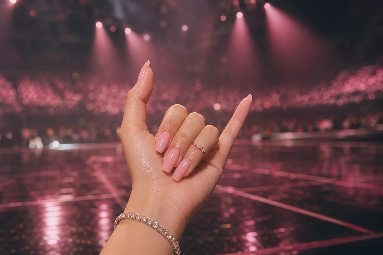Close-up of pink manicured hands making a pinky-up gesture under concert lights.