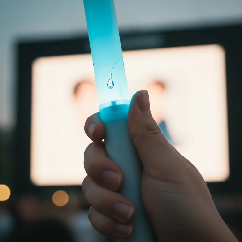 A fan's hand with a lightstick and a tear, symbolizing joy after Kiss of Life's first win