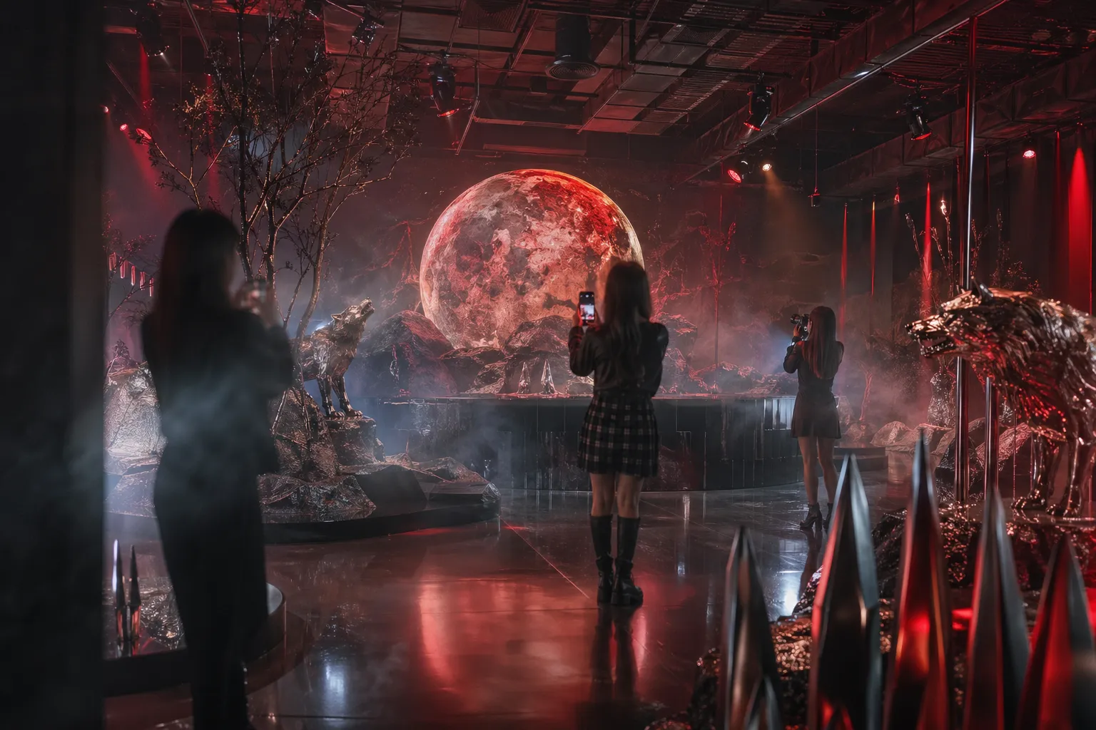 Immersive werewolf-themed K-pop event interior with moonlit photo spots and blurred visitors.