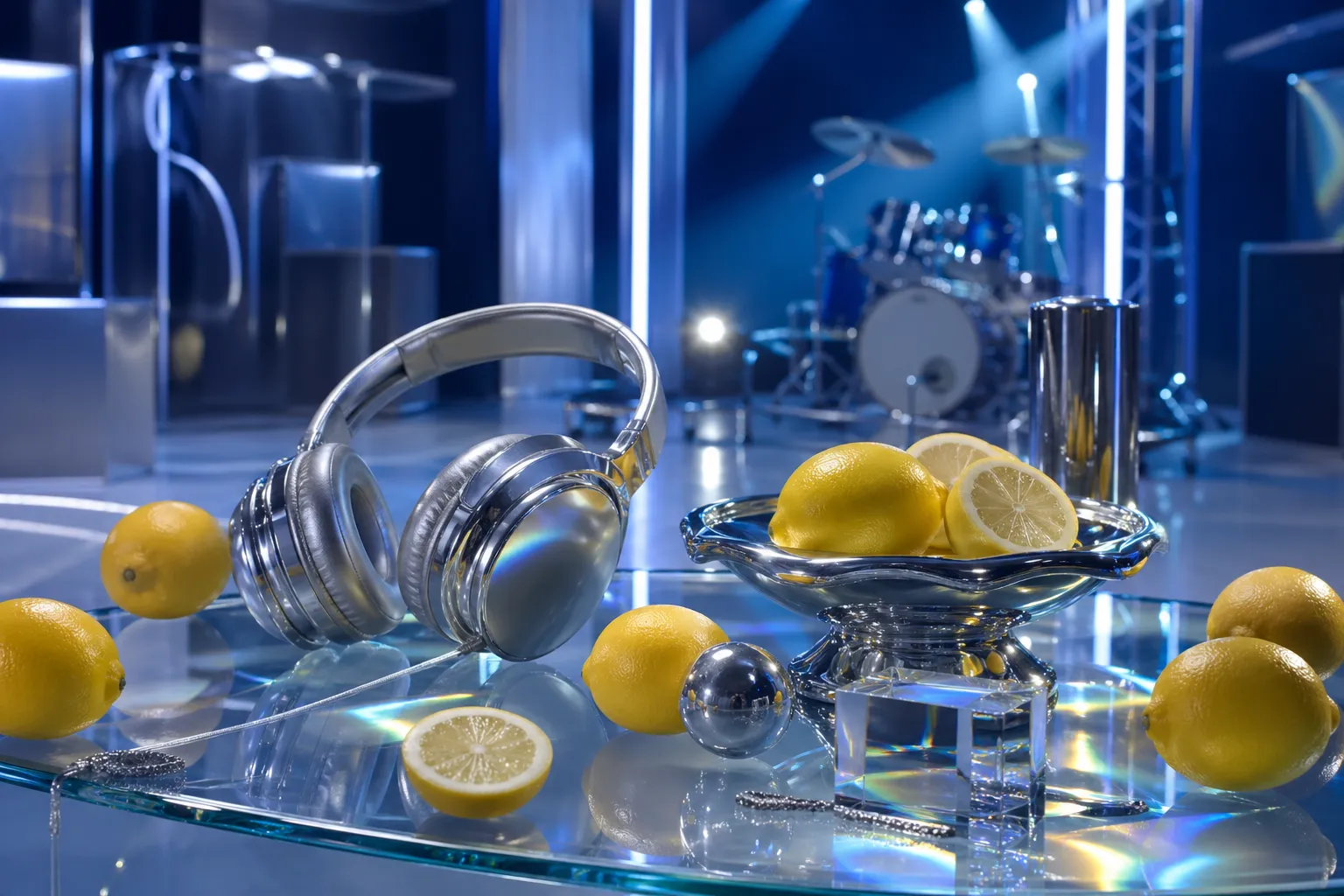 Lemon and chrome themed K-pop album teaser still life with futuristic studio lighting