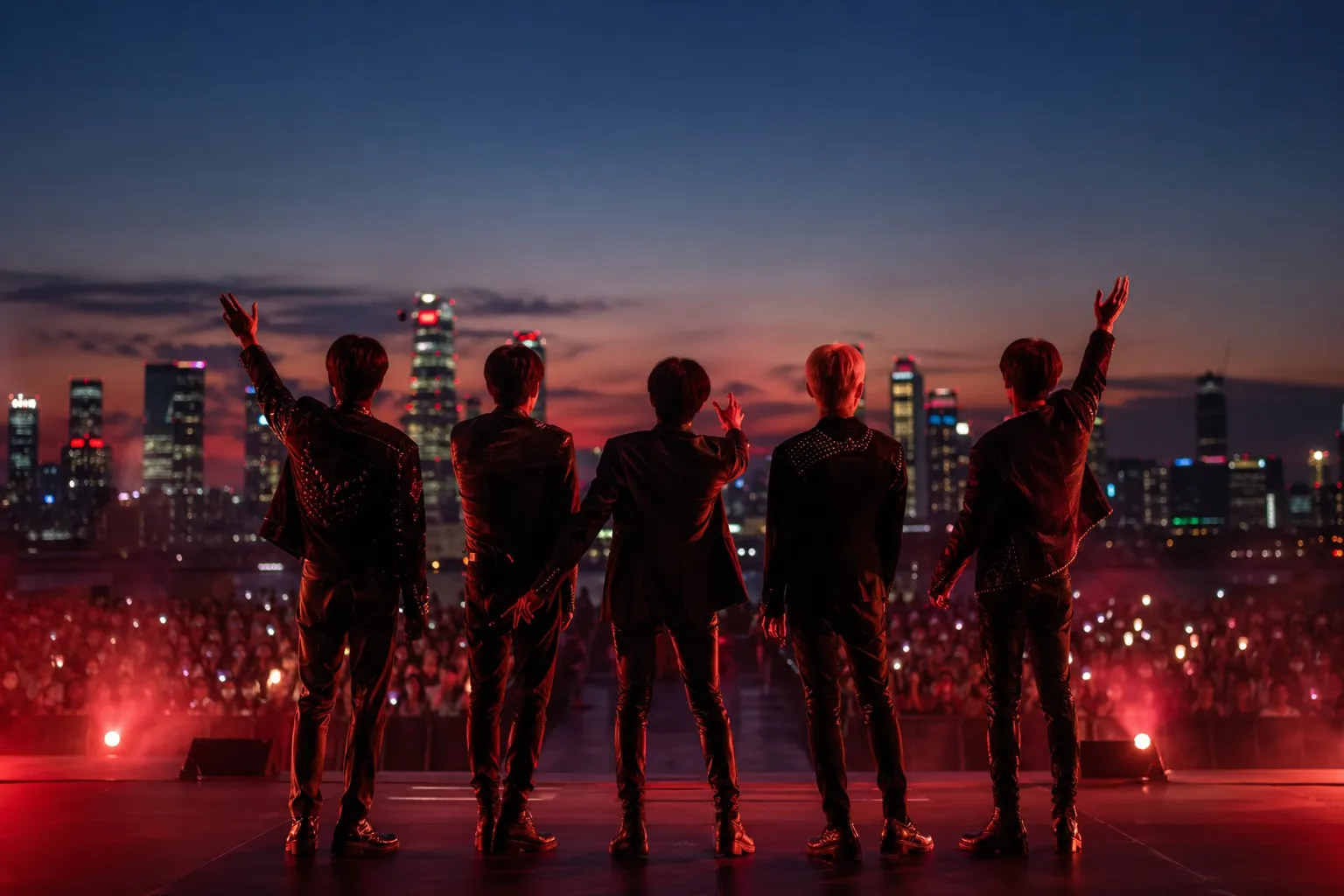 Anonymous K-pop performers silhouetted on a Seoul rooftop under red lighting, symbolizing REDRED’s growing global momentum.