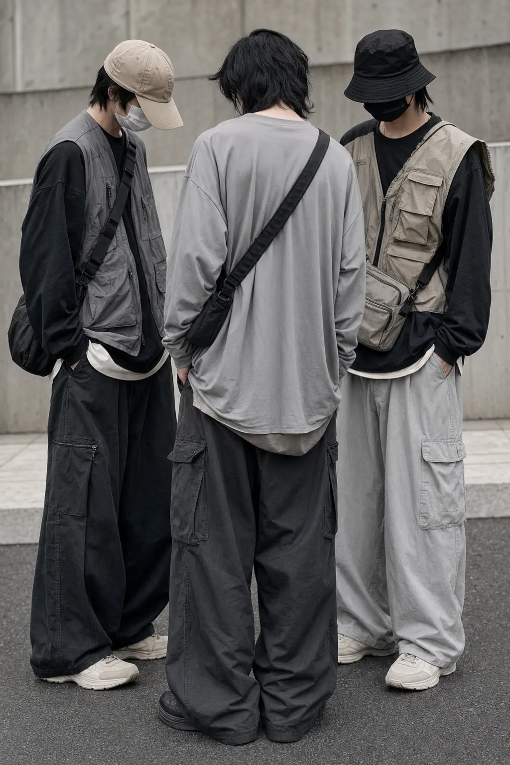 Anonymous Seoul youth group wearing layered muted Acubi fashion with oversized silhouettes.