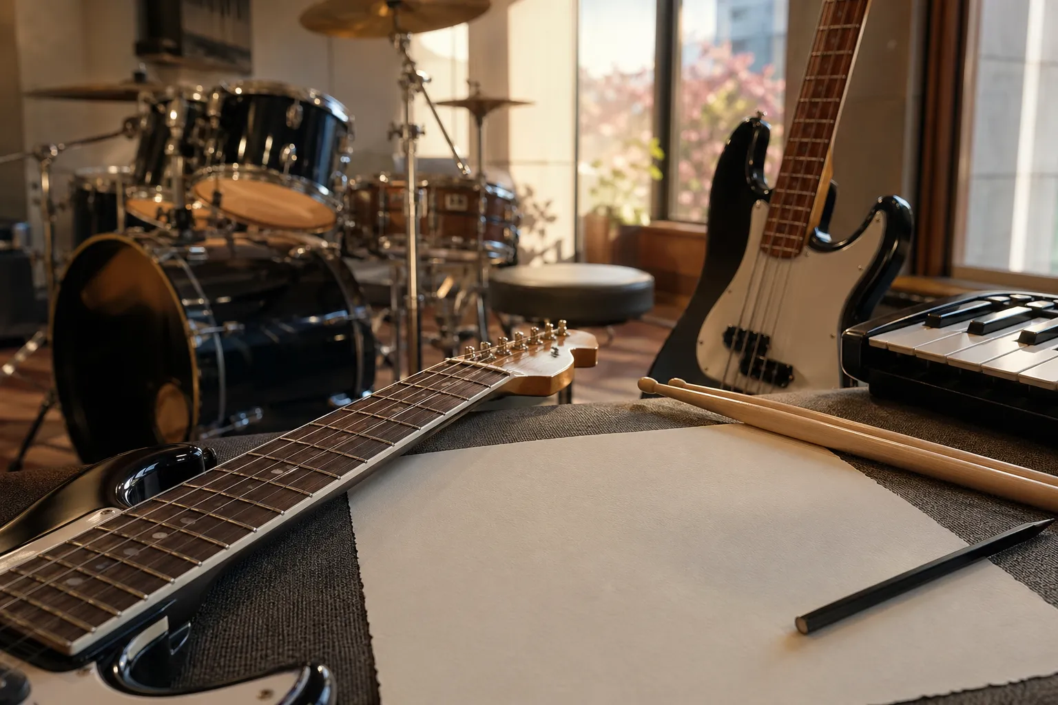 QWER CEREMONY comeback illustrative concept image with instruments representing the fourth mini album’s bright band sound