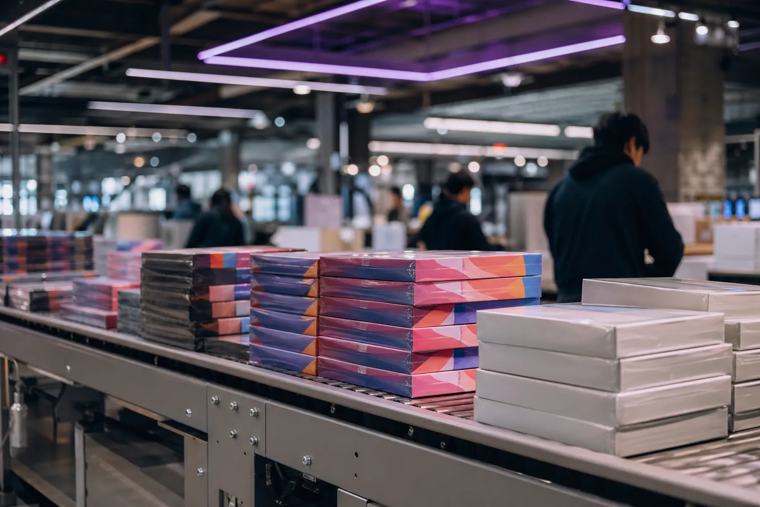 Concept image of K팝 앨범 수출 1억달러 growth with generic K-pop albums moving through an export logistics hub