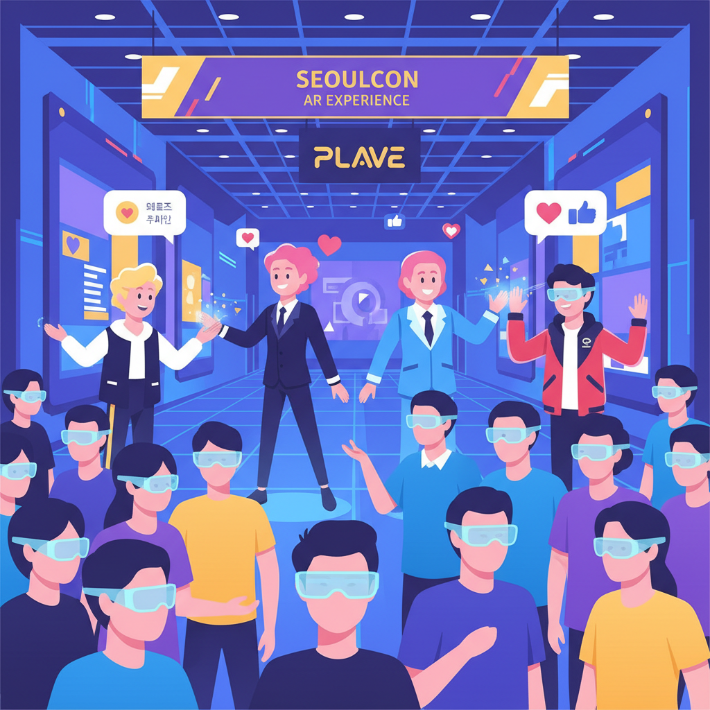 Content image depicting PLAVE virtual avatars interacting with faceless fans via AR at SeoulCon, inside a futuristic convention hall.