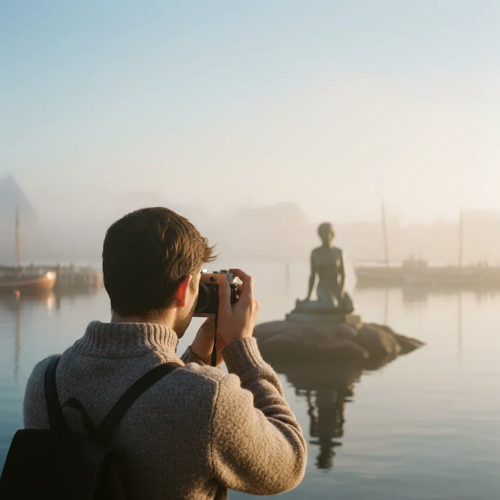 Back view of a figure photographing the Little Mermaid statue in Copenhagen, representing member sightings during NewJeans Denmark visit