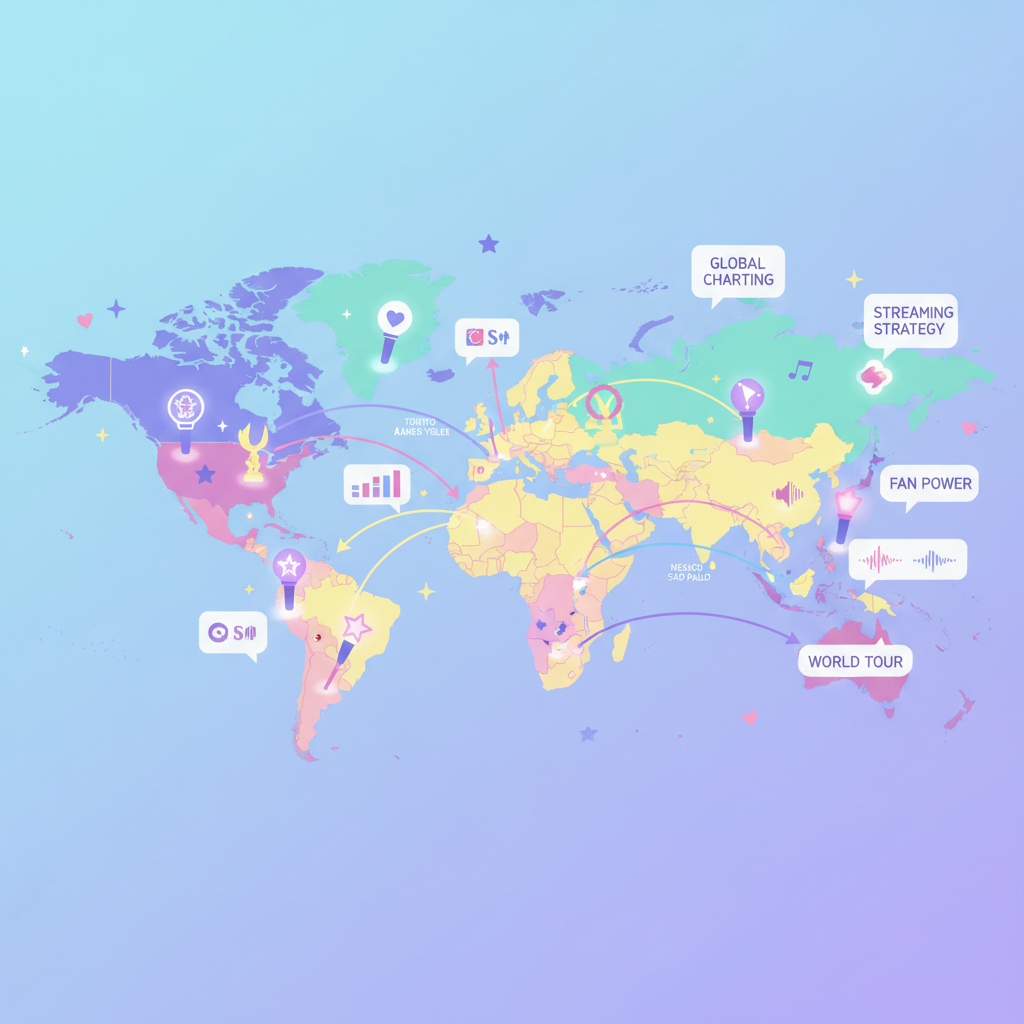 Content image of a world map with data points, arrows, K-pop icons, and sound waves illustrating how the artist plans to reignite global charts