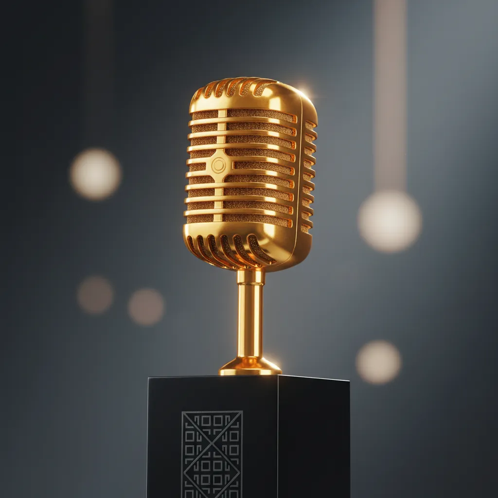 Golden microphone on a pedestal with Korean pattern, blurred award stage background, symbolizing AMA nominations.