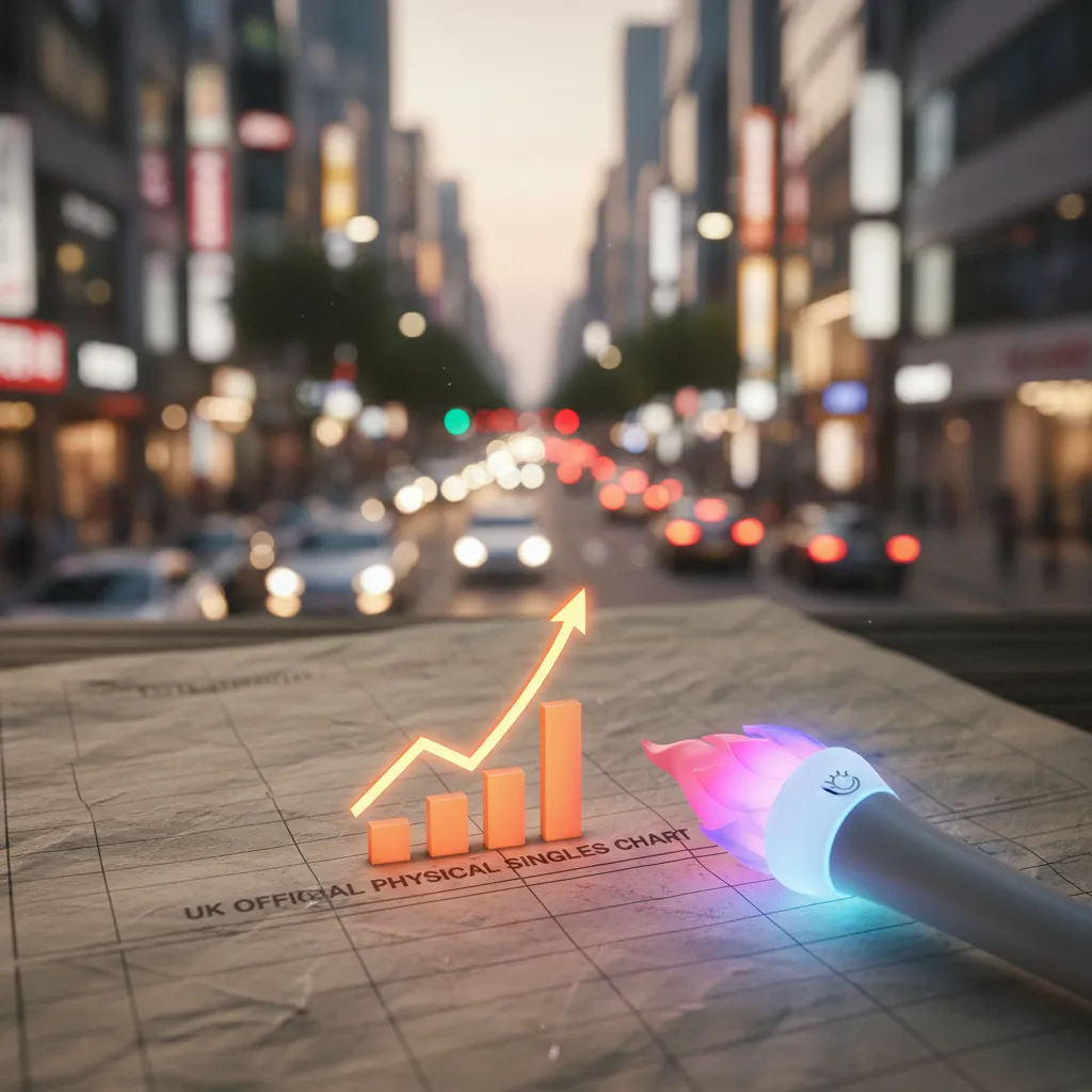 Content image of a chart page with a highlighted rising marker and a light stick, illustrating 'CRAZY' re‑entering the UK Official Physical Singles Chart