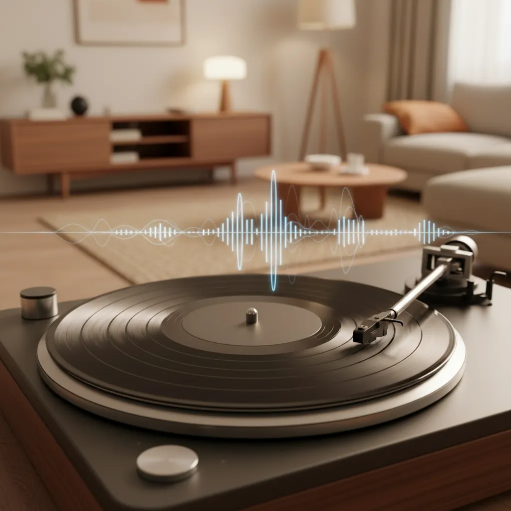 Vinyl record on turntable with visualized sound waves, illustrating the highlight medley of Park Ji Hoon's new album