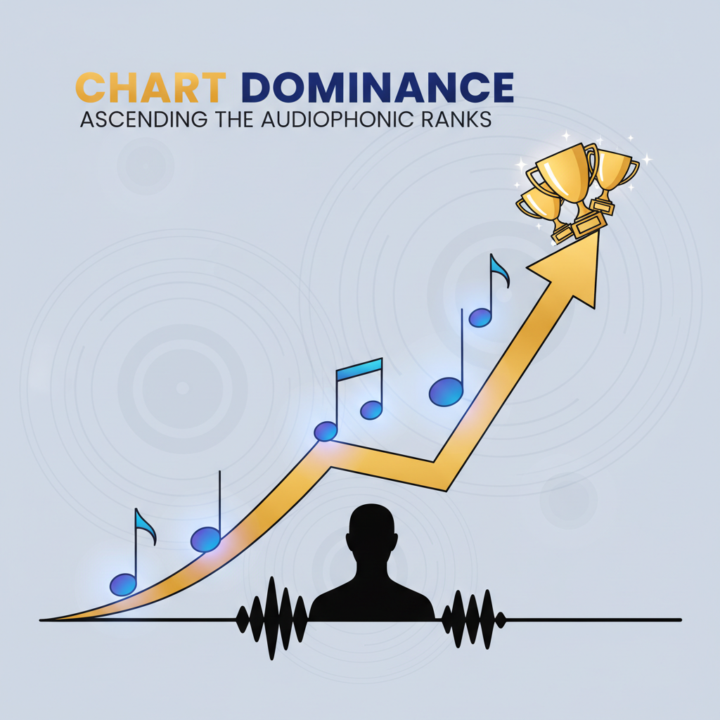 Content image explaining chart dominance: a silhouette soundwave turning into a rising graph with music notes as data points, trophies at the top, and record disc textures, symbolizing BTS's chart success