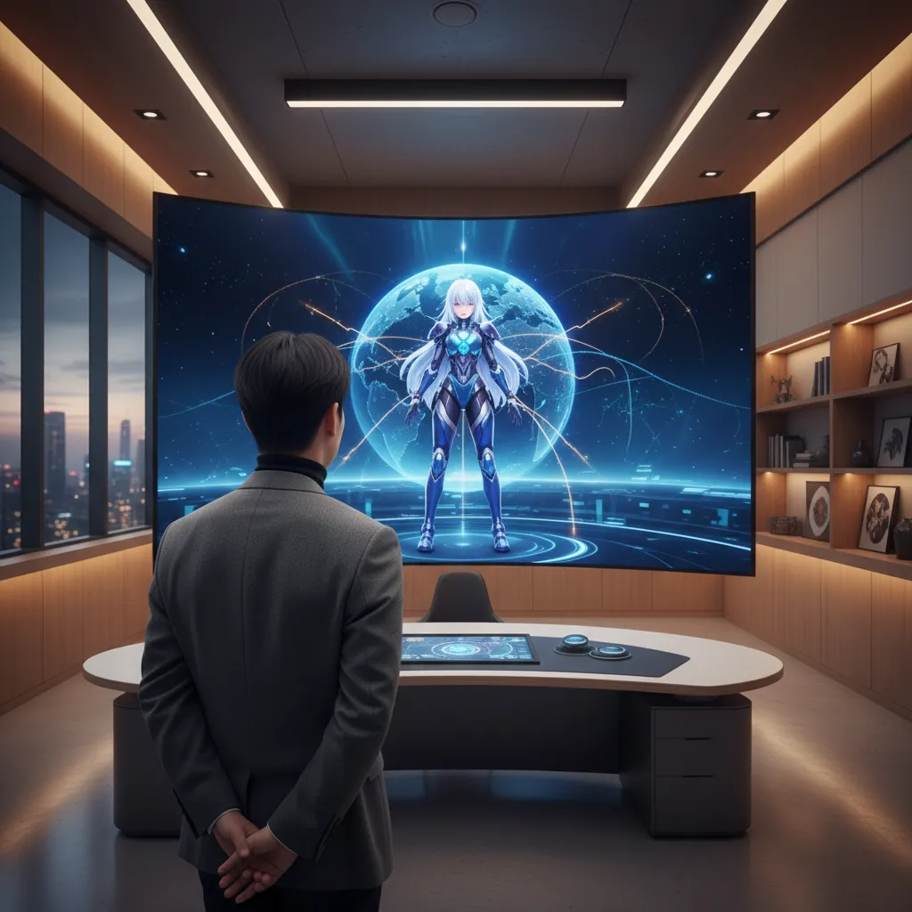 Back view of a producer watching a virtual idol avatar on a large screen in a modern Korean studio