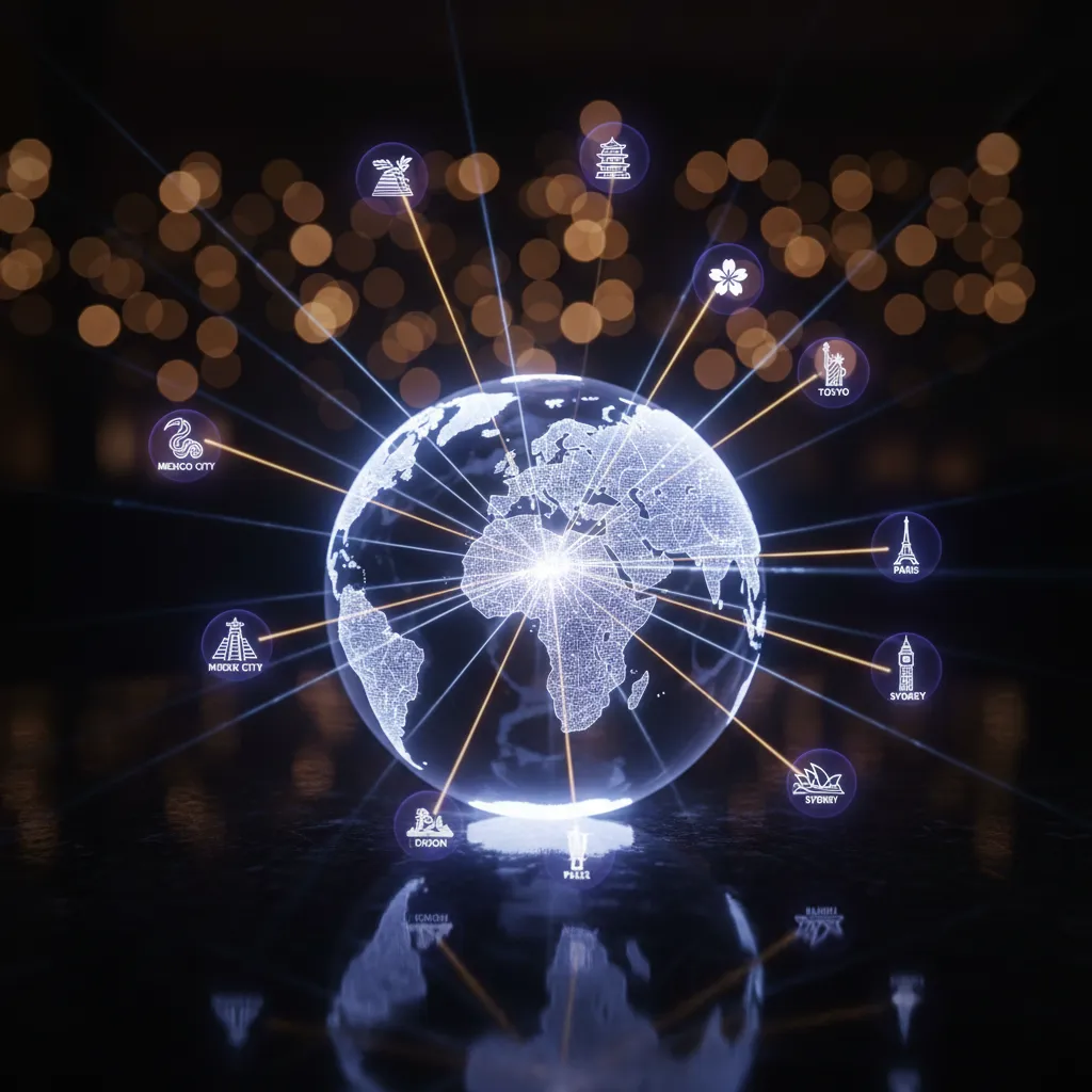 World map showing light beams from Seoul to global cities, illustrating BTS Arirang World Tour's international reach