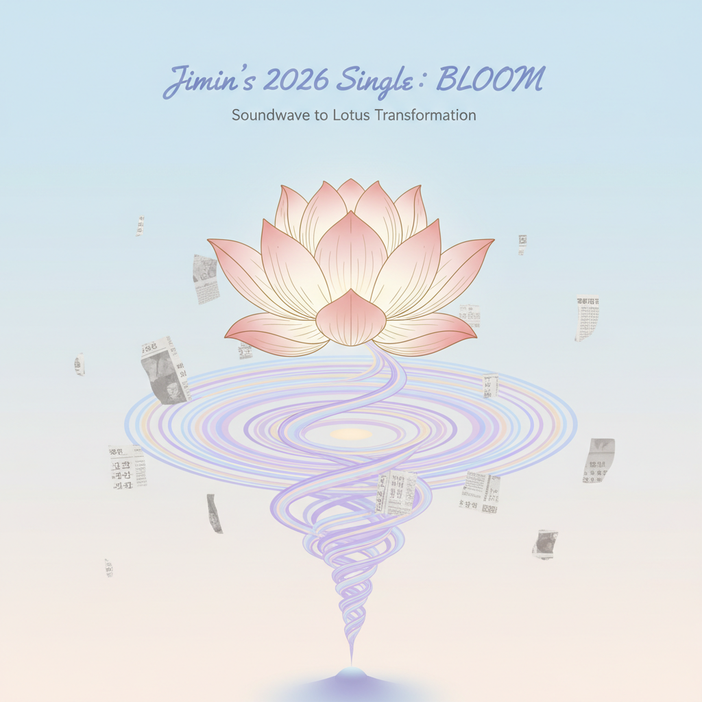 Content image depicting sound waves turning into a lotus flower, symbolizing the Bloom single concept, with Korean news snippets.