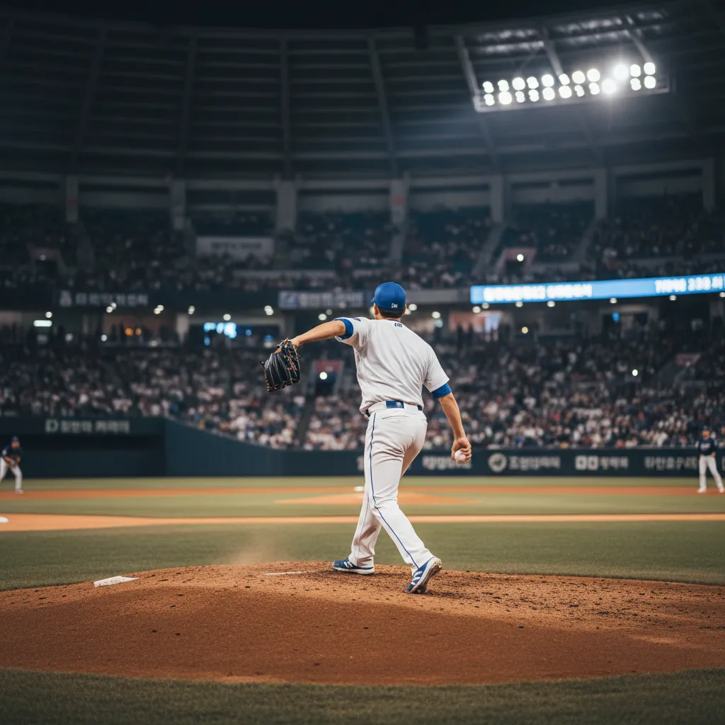 Illustration of Ha-eum's ceremonial first pitch at a Samsung Lions game, back view of pitcher throwing ball.