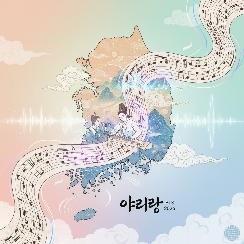 Content image visualizing the concept of blending traditional Arirang melody with modern music, shown as musical notes forming the Korean peninsula over hanbok texture and synth waves