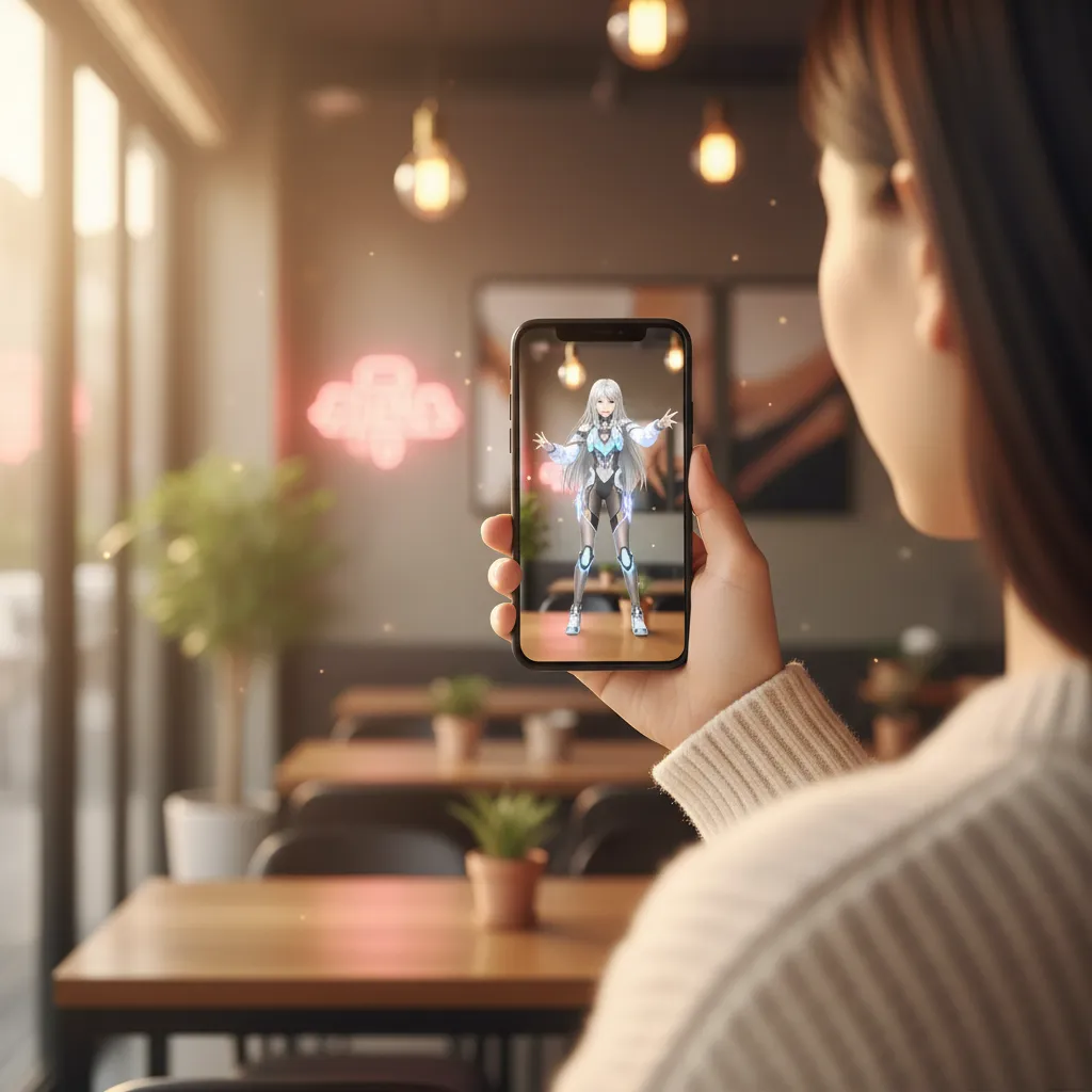 Content image of a hand holding a phone showing a virtual idol AR avatar, illustrating fan engagement with virtual idols