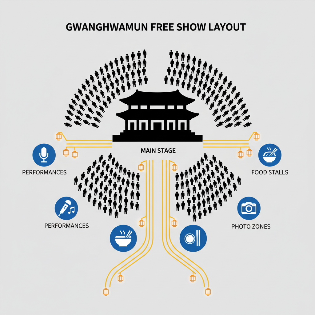 Content image illustrating the stage and audience arrangement for the free Gwanghwamun concert, with lantern-lit pathways and activity icons