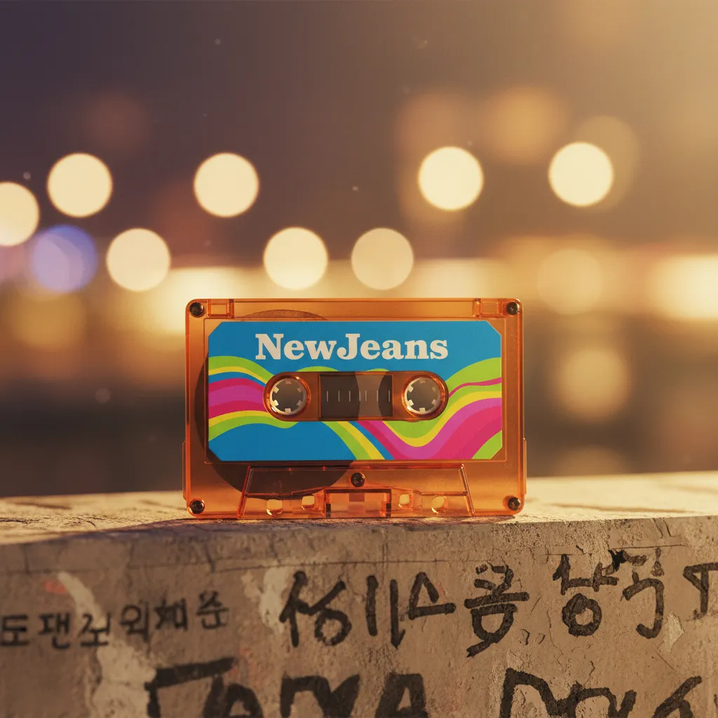 Vintage cassette tape with abstract pattern on a graffiti wall, symbolizing the retro vibe of NewJeans' OMG music video