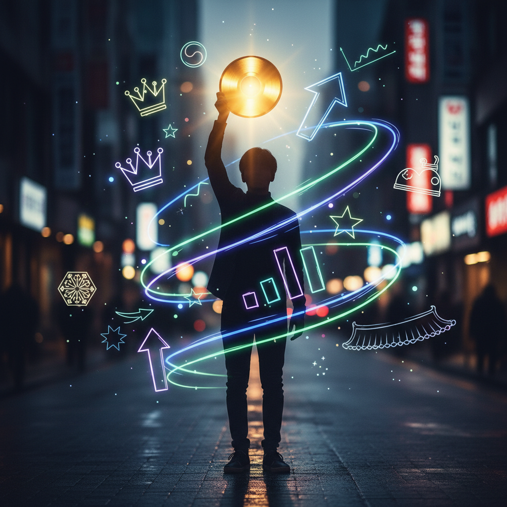 Content image showing a faceless figure with a golden record and light-made chart symbols indicating Billboard record break.