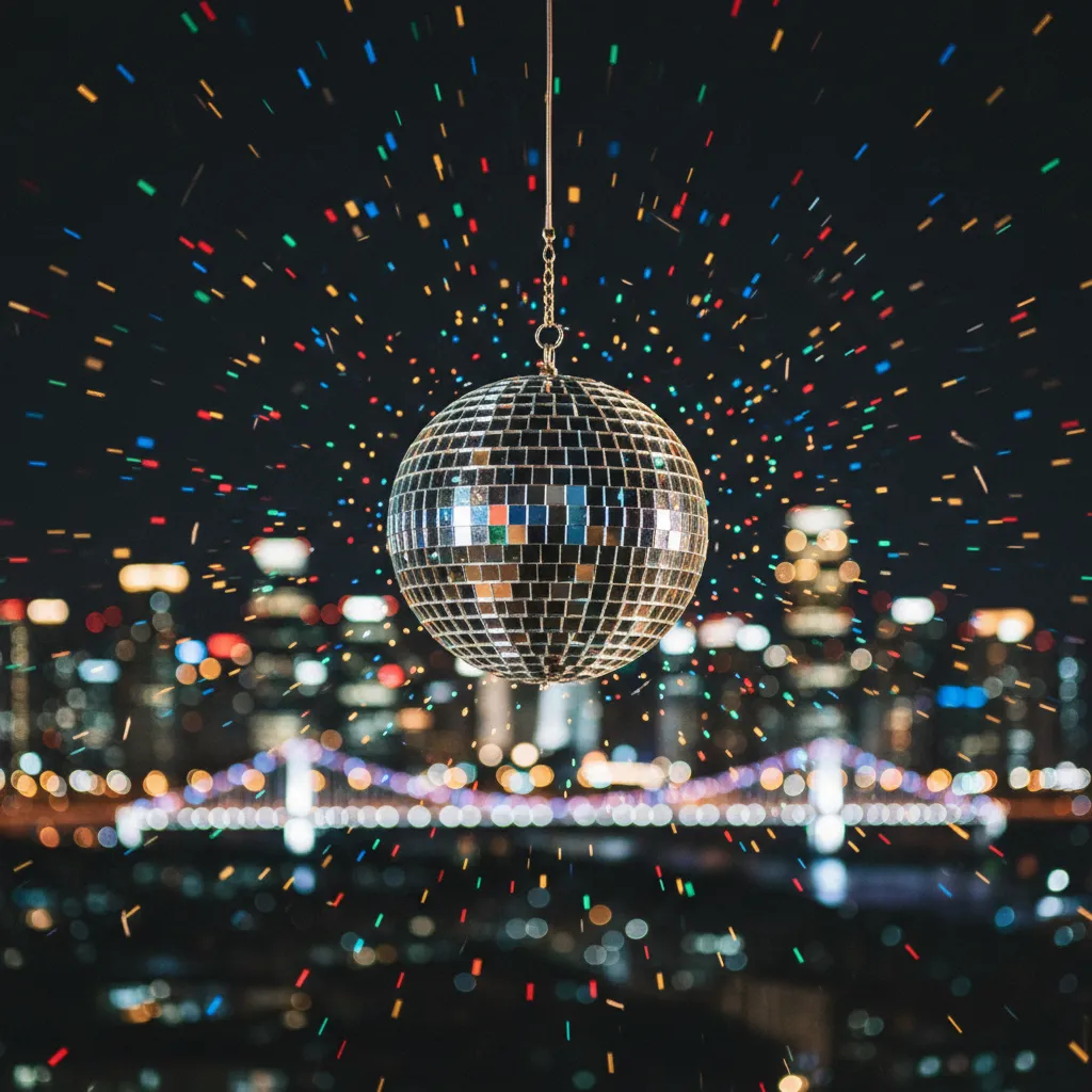 Disco ball reflecting lights over a dark Seoul skyline, representing the lead single 'CELEBRATION'