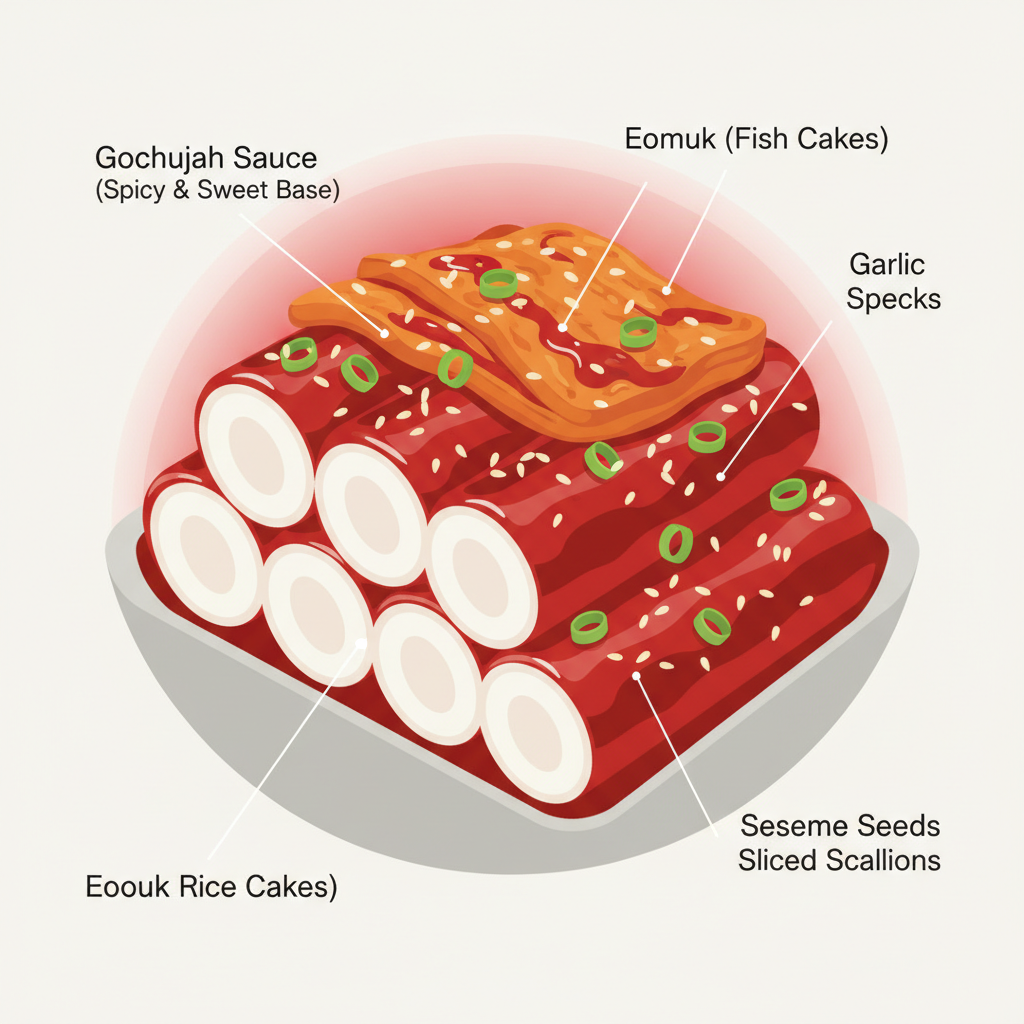 Content image illustrating the ingredients and texture of tteokbokki, with labeled components like rice cake, gochujang, garlic, sesame, scallion