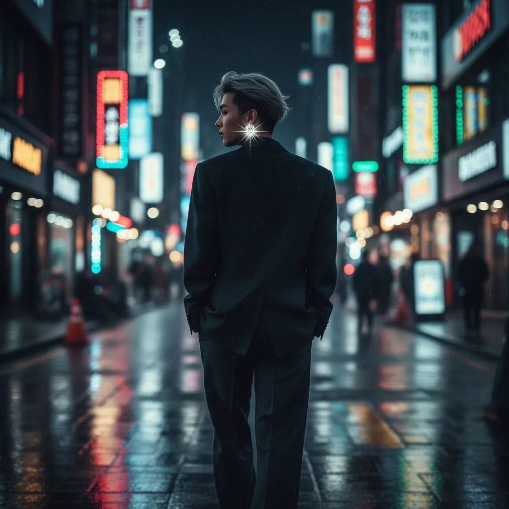 Silhouette figure with diamond in-ear on Seoul street, illustrating Coachella spotlight