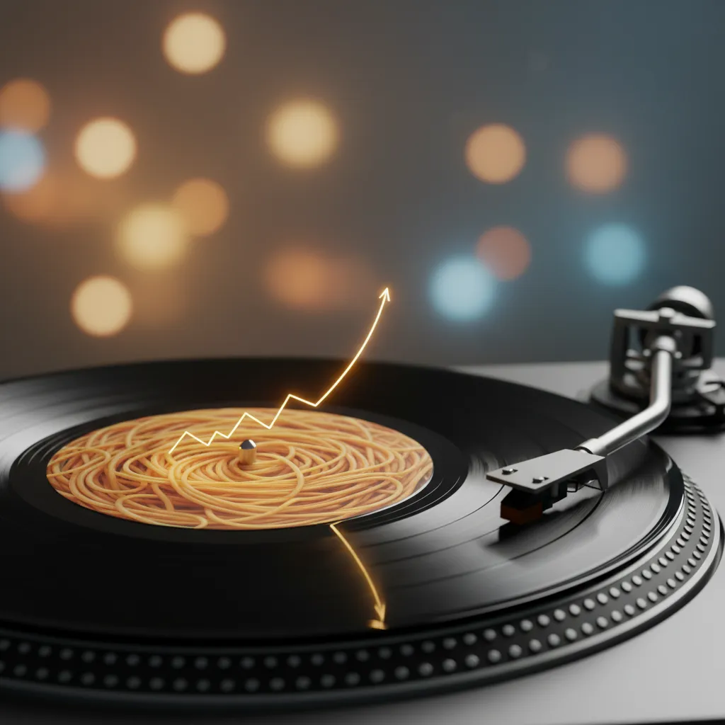 Content image of a vinyl record with a spaghetti‑shaped label and a rising golden line, representing 20 weeks on the Billboard chart