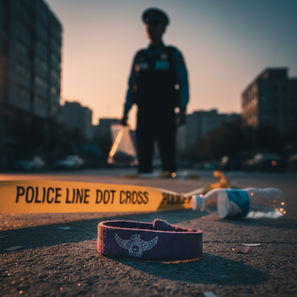 Close-up of a stolen wristband on the ground with police tape and a faceless officer holding an evidence bag, illustrating the evidence collection