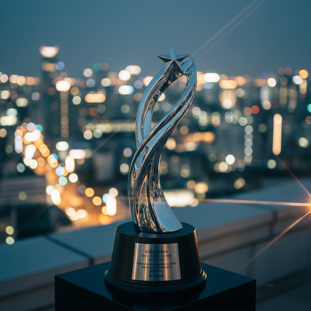 Content image of a trophy symbolizing IVE's first place in girl group brand reputation, set against a blurred Seoul nightscape.