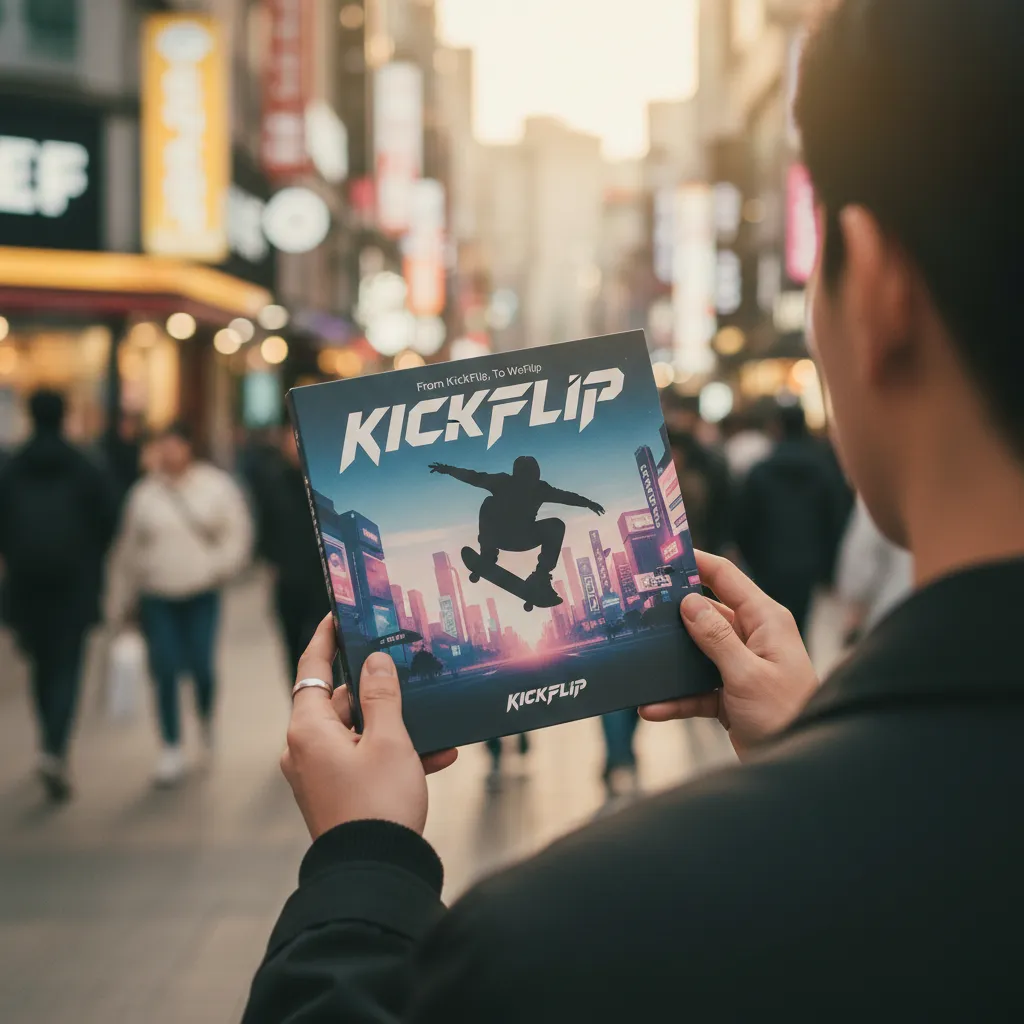 Hands holding KickFlip album copy with blurred Myeongdong background, representing active fan participation and record sales