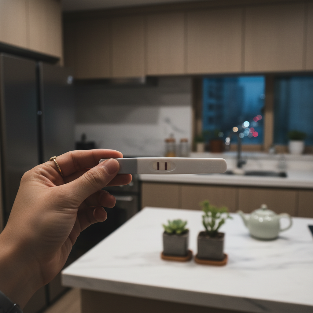 Faceless hand with pregnancy test in a modern Korean setting, illustrating the surprise pregnancy announcement