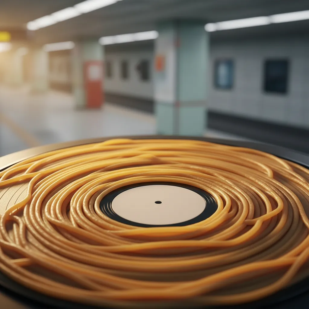 Content: vinyl record with spaghetti grooves symbolizing Le Sserafim's 'Spaghetti' hit.
