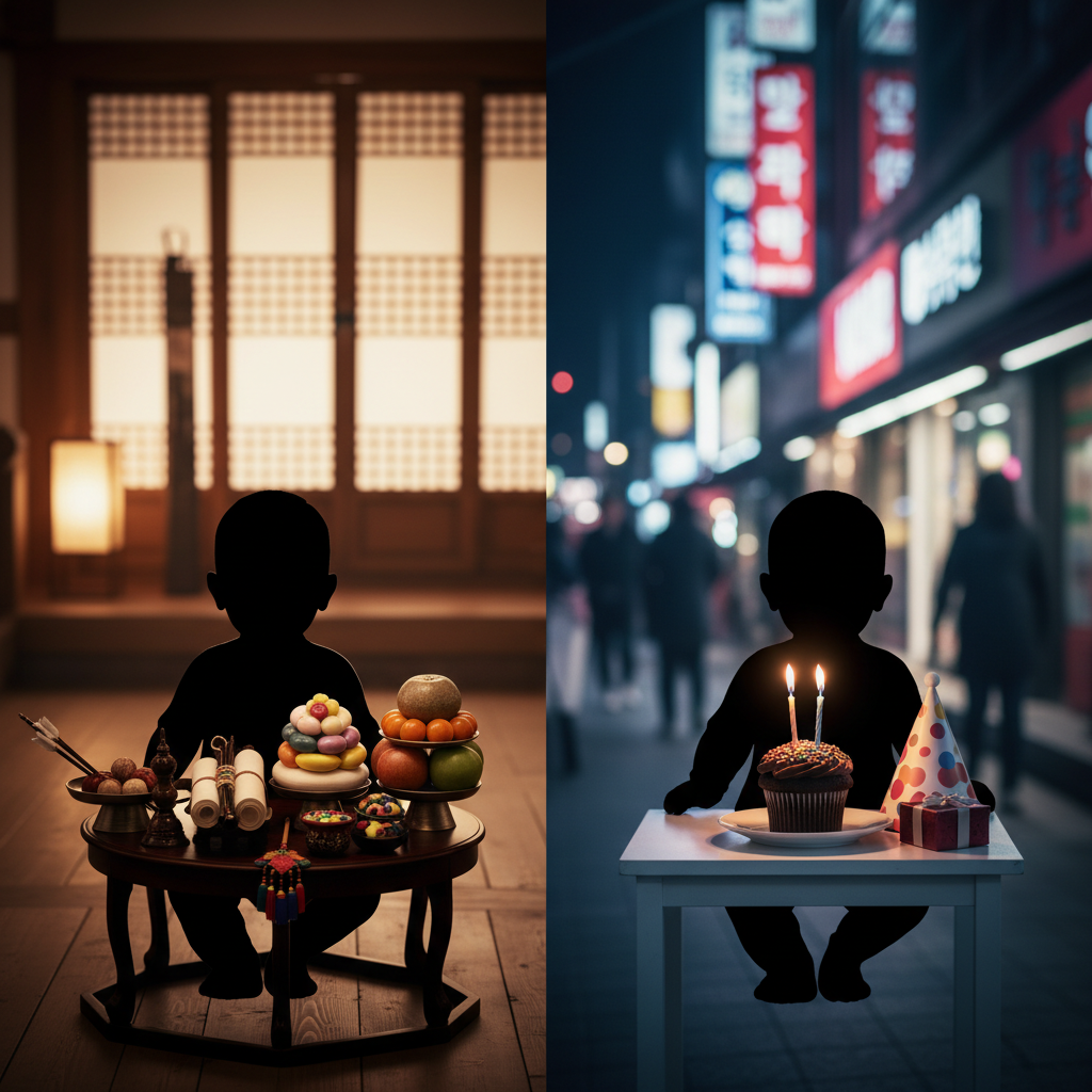 Content image explaining the difference between traditional Korean age and international age using faceless silhouettes