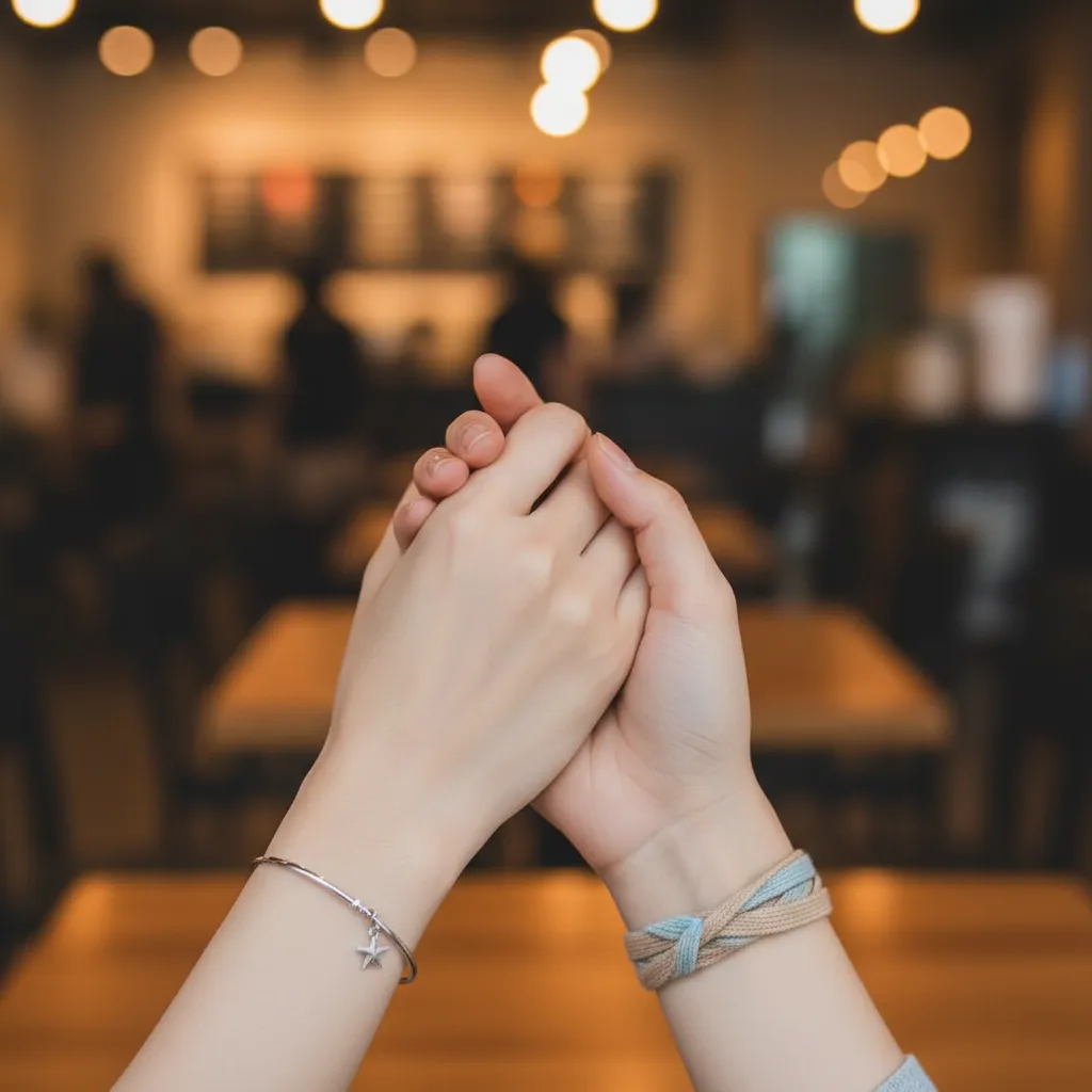 Two hands holding each other, one with a small star‑shaped bracelet, set against a softly blurred café interior.