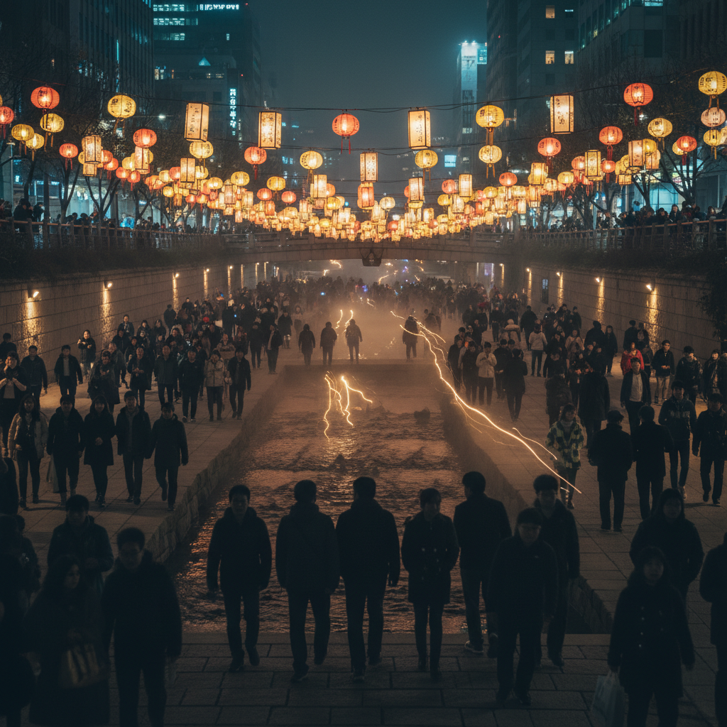 Silhouette crowd walking along lantern‑decorated Cheonggyecheon stream illustrating record‑breaking visitor numbers