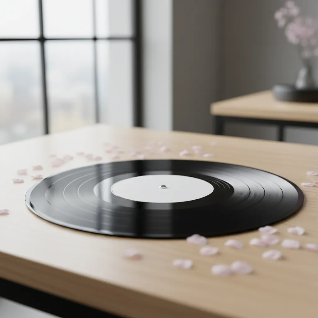 A vinyl record with cherry blossom petals, representing Illit's upcoming mini-album