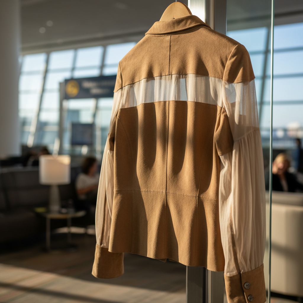 Detail of suede jacket with sheer panels representing Aespa's airport fashion