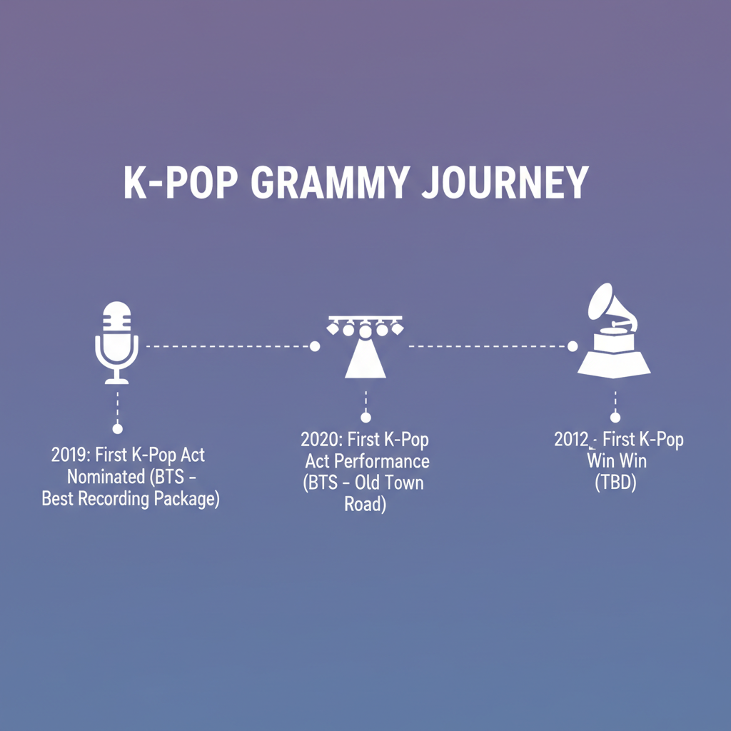 Content image showing a timeline infographic of K‑Pop's Grammy milestones using silhouettes and icons