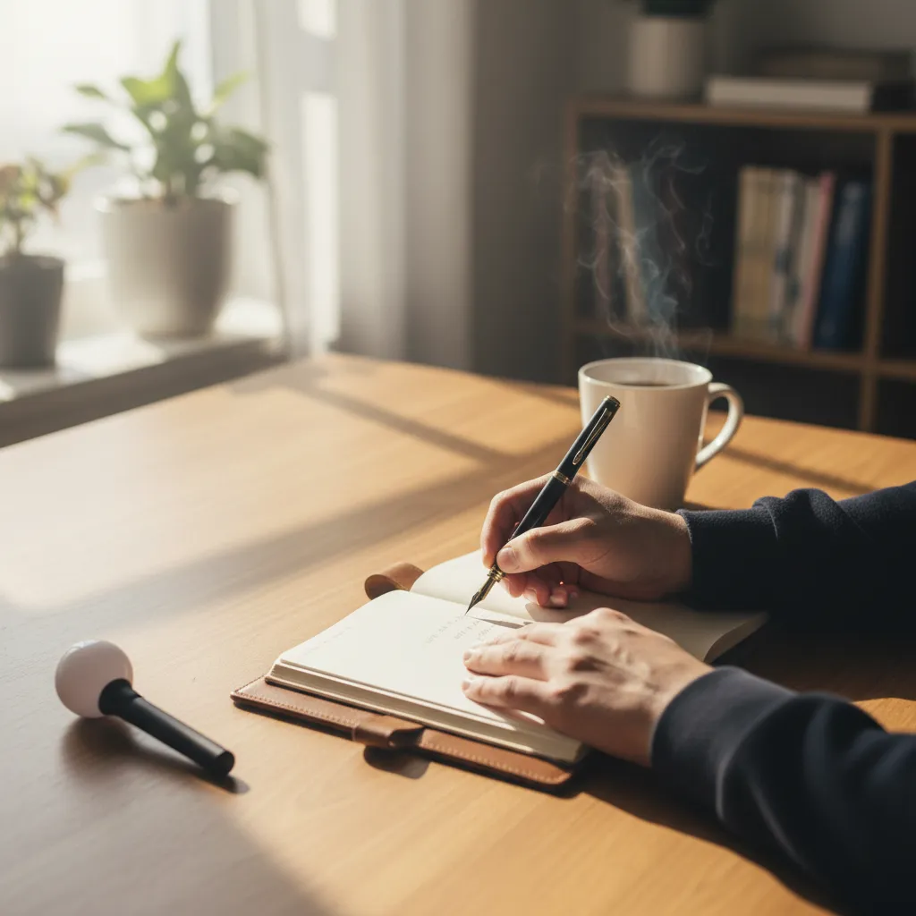 Hands writing a heartfelt message in a notebook, representing Mark's NCT 10th‑anniversary tribute and promise to return