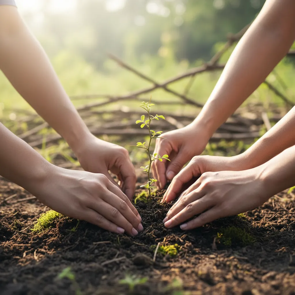 Hands planting a thorn-tree sapling symbolizing team bond and new beginnings