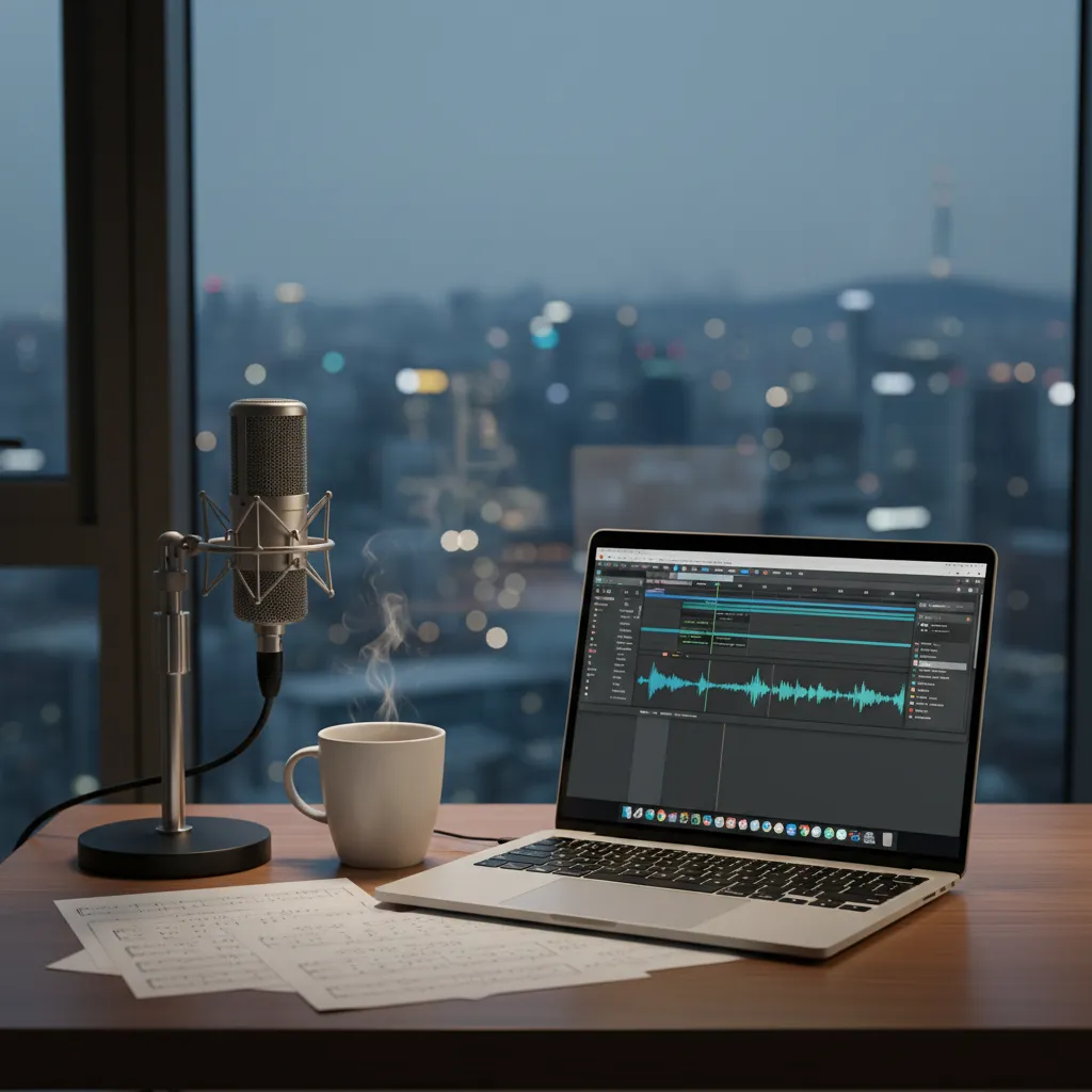 Close‑up of a Seoul home studio with laptop, microphone, and music notes, illustrating Mark working on music in the US.