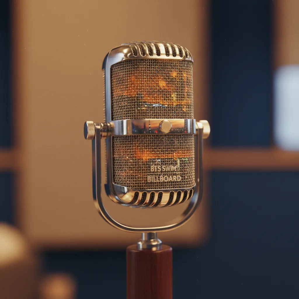 Vintage microphone with blurred city reflection