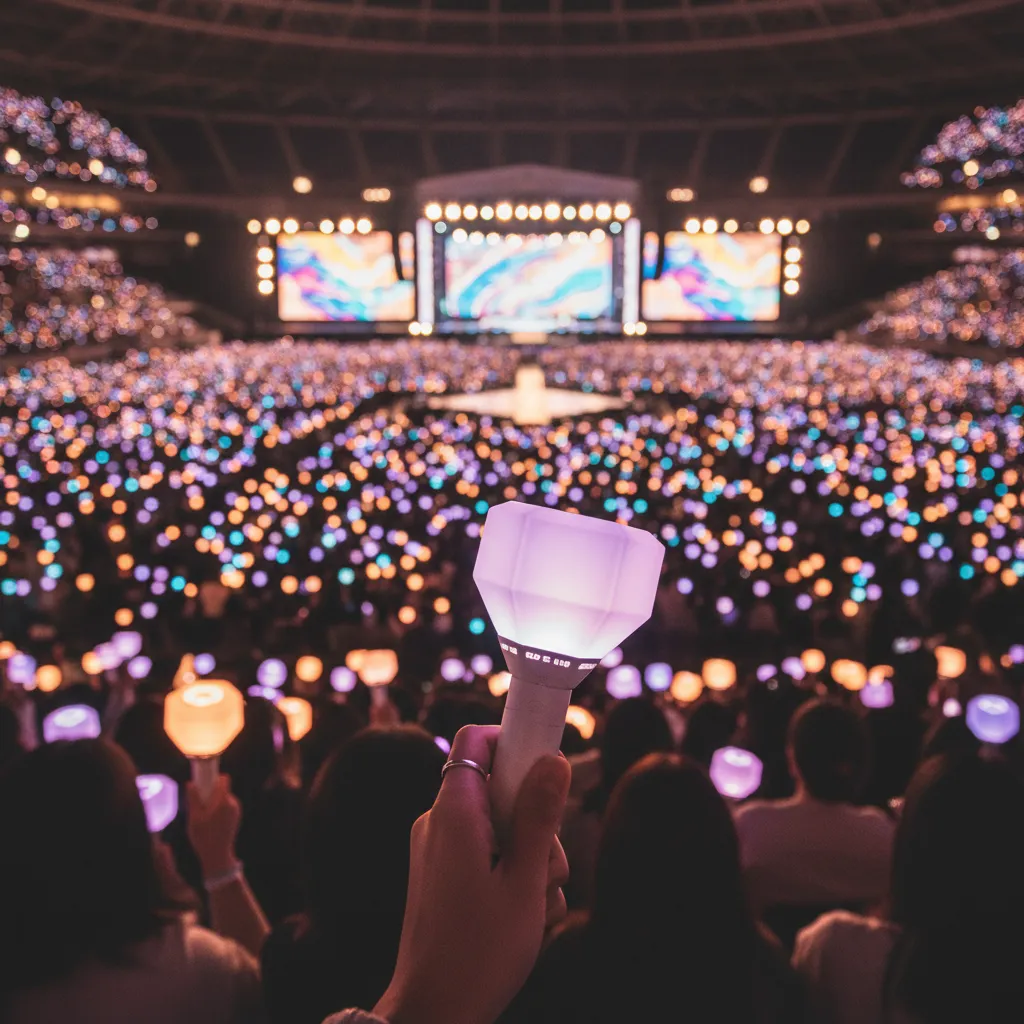 Close-up of a glowing light stick in a fan's hand amidst a sea of light sticks at a BTS concert