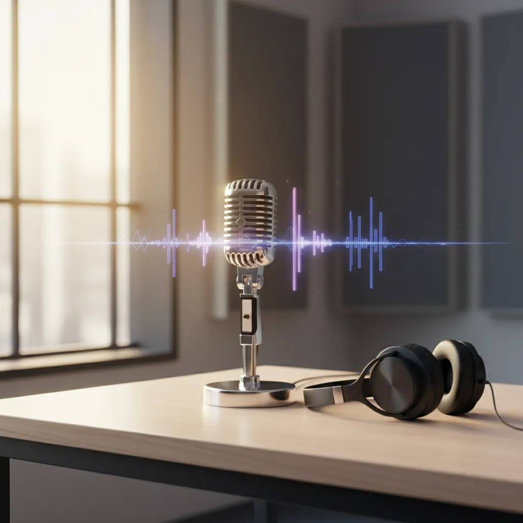 Vintage microphone and headphones on a desk with warm lighting, symbolizing the preparation of LE SSERAFIM's new track