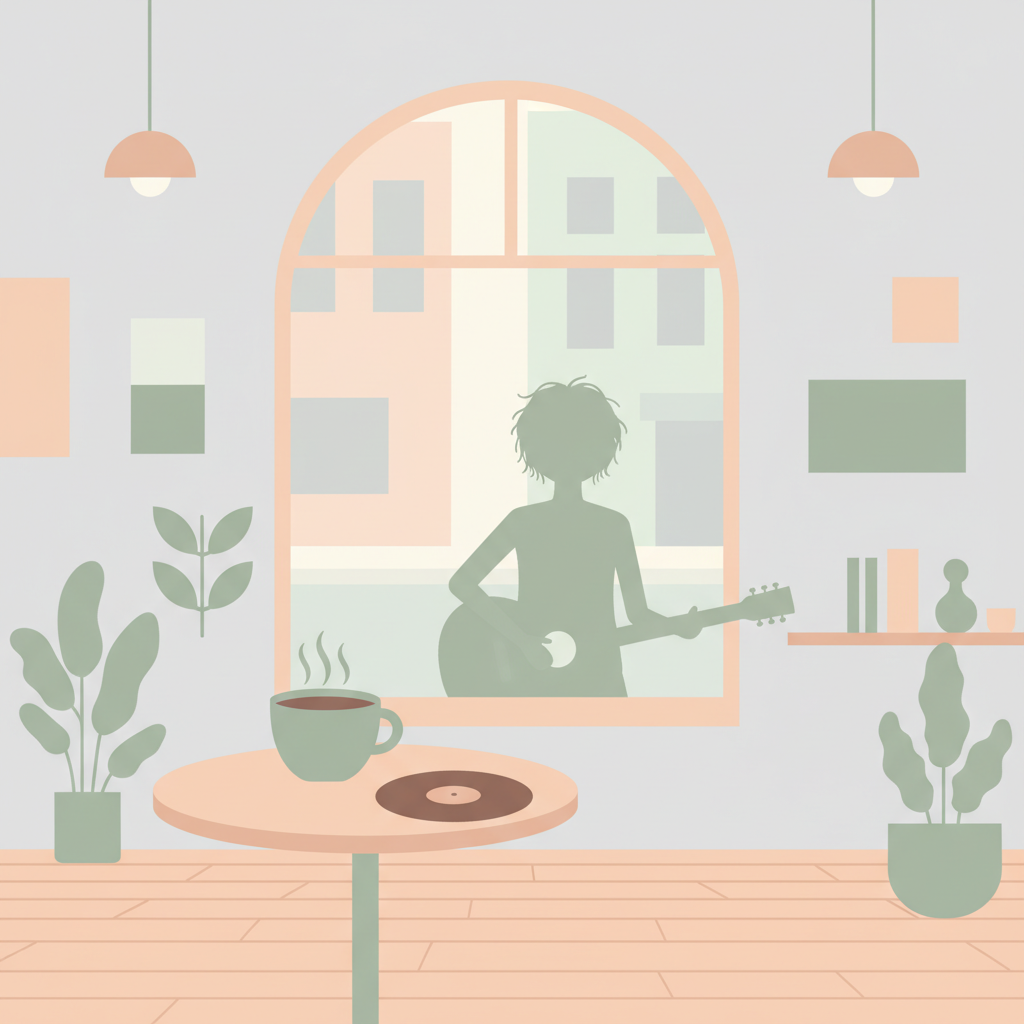 Coffee shop setting with a cup, vinyl record, and guitar silhouette, hinting at V's coffee‑shop ad hype.