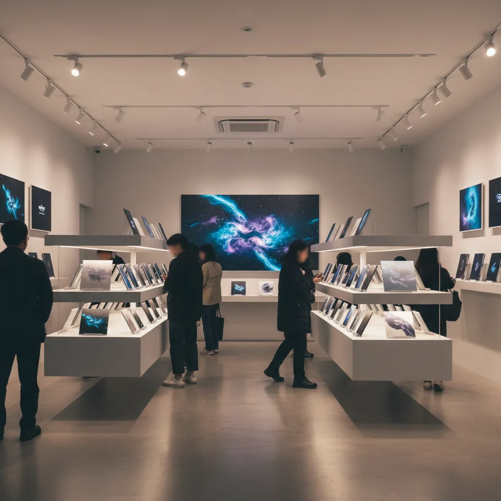 Interior view of a futuristic pop-up store displaying ENHYPEN's album artwork with soft lighting and blurred visitor silhouettes